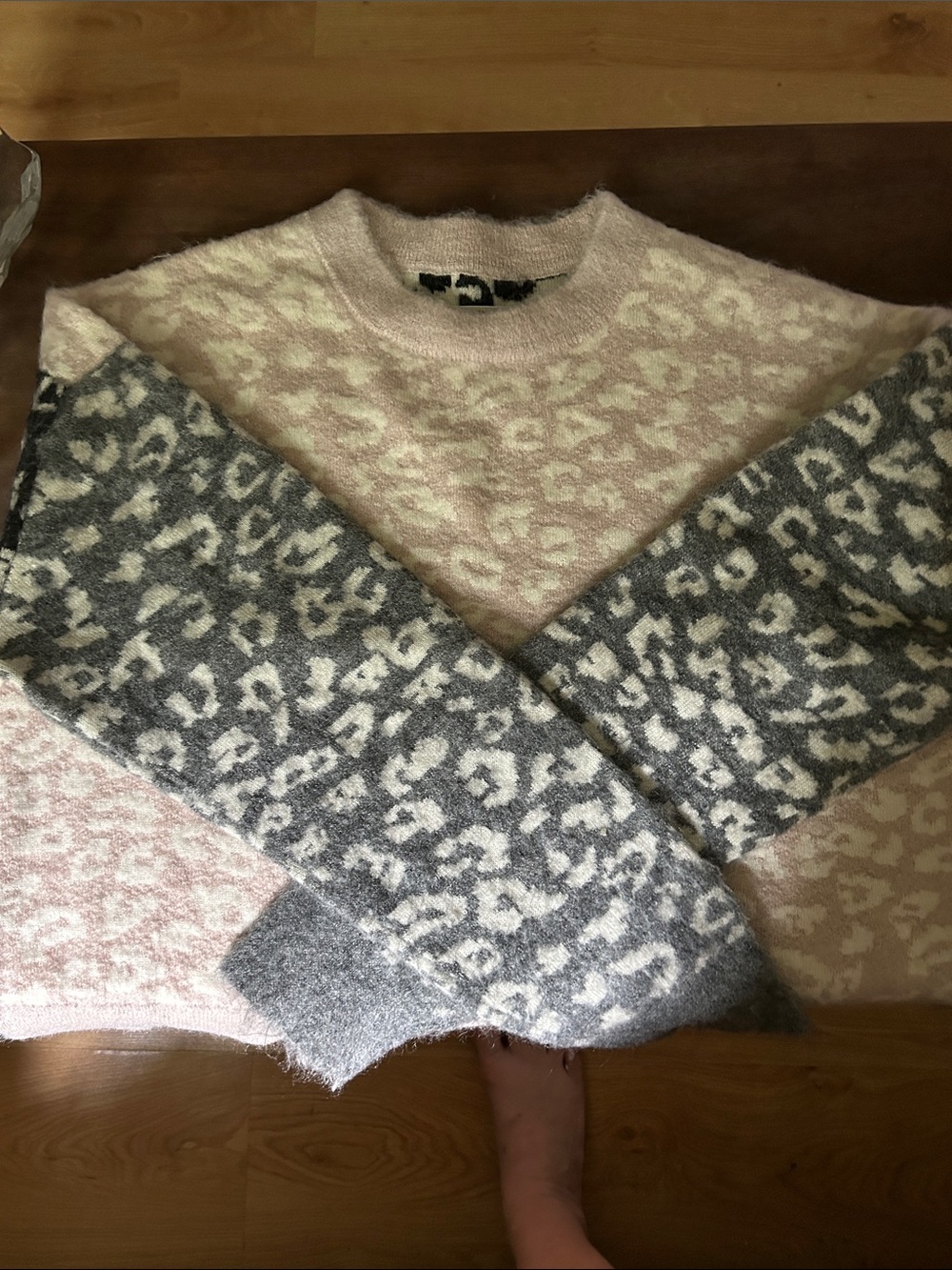 Cozy All Saints Pink and Gray Leopard Print Women's Sweater, distressed
